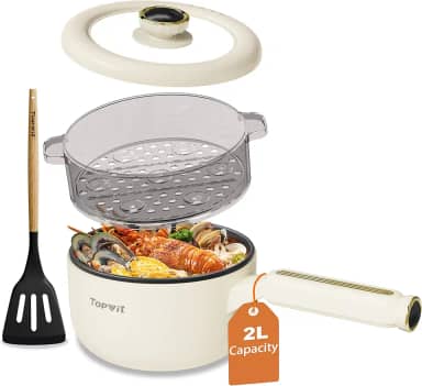 TOPWIT Panela elétrica quente com vaporizador, panela elétrica multifuncional de 2L, frigideira antiaderente, panela portátil para bife, arroz frito, ramen, sopa com controle de energia duplo
