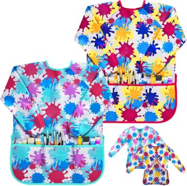 J MARK Avental infantil impermeável para pintura, 2 unidades, manga comprida e 2 bolsos para assar, comer, artes e artesanato