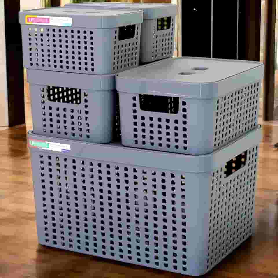 Kit 5 Caixas Organizadoras com Tampa Plástico Resistente Multiuso Armário Cozinha Lavanderia (CINZA)