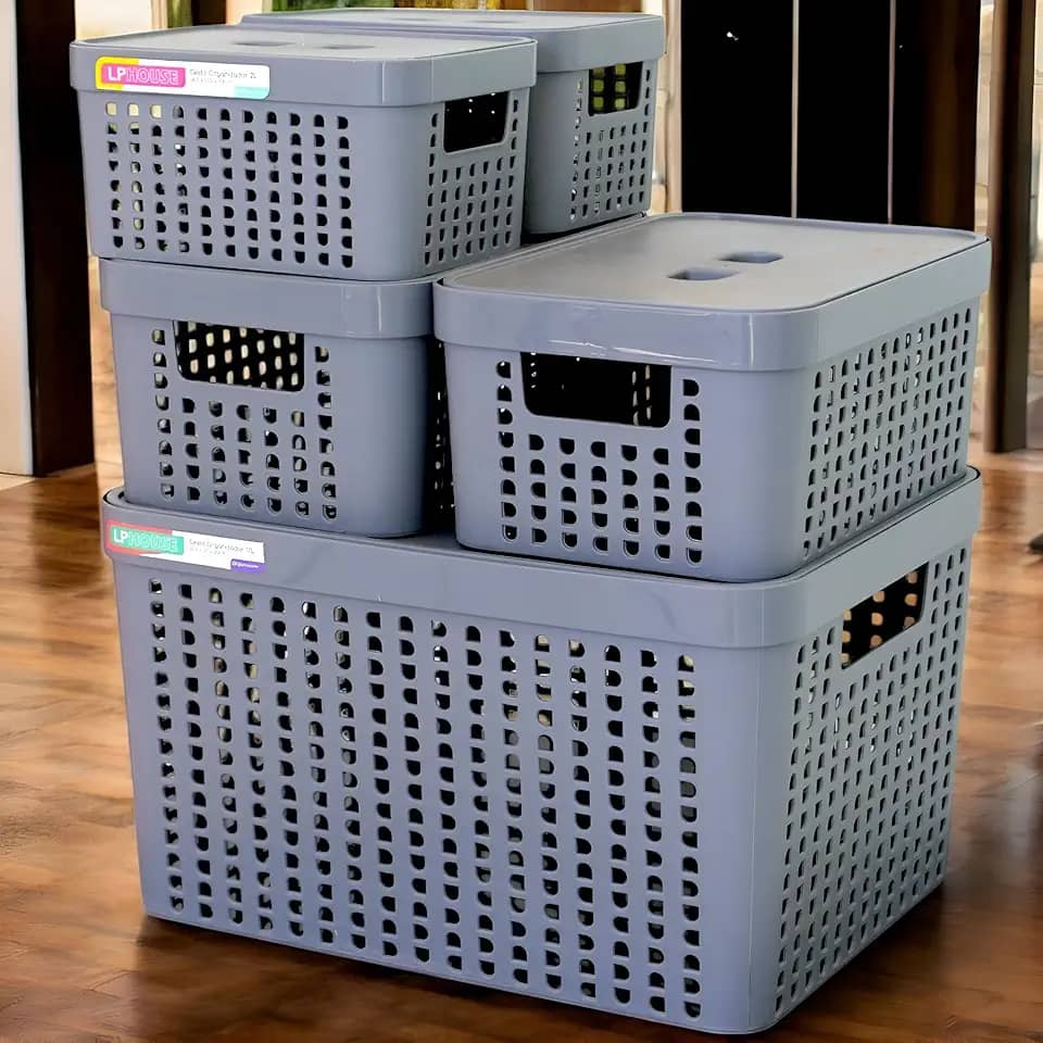 Kit 5 Caixas Organizadoras com Tampa Plástico Resistente Multiuso Armário Cozinha Lavanderia (CINZA)