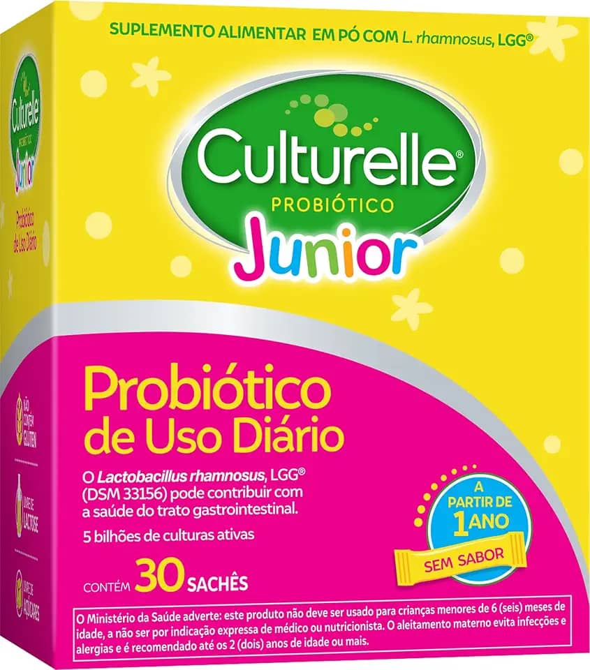 Culturelle Probiótico Júnior, Com Lactobacilos, Sem Glúten, Sem Lactose, Para Bebês, Crianças e Adolescentes a partir de 1 ano, Sem Sabor, 30 Sachês