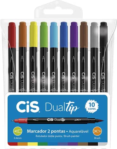 Caneta Pincel dual Tip Aquarelável com 10 cores Cis