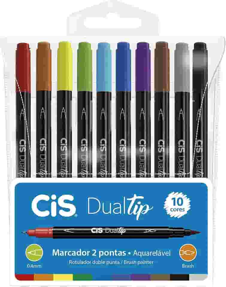 Caneta Pincel dual Tip Aquarelável com 10 cores Cis