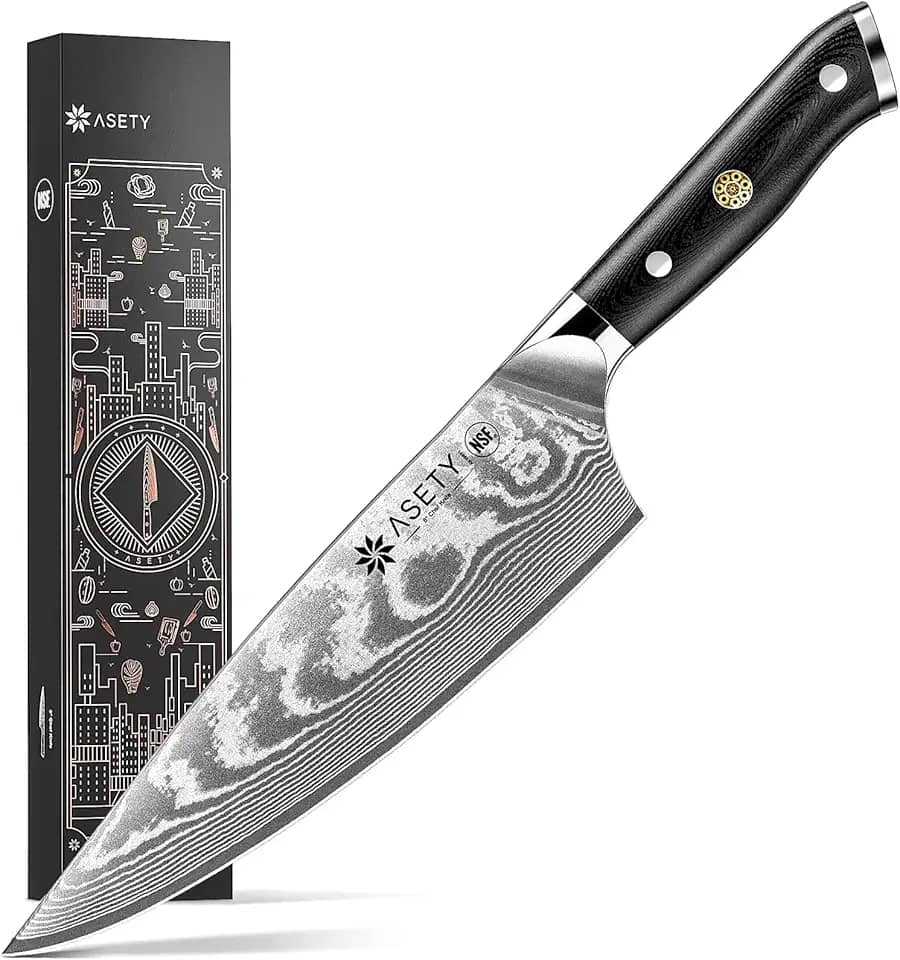 Faca de chef damasco: faca de chef japonesa afiada de 20 cm com núcleo de aço VG10, alça completa Tang G10, faca de cozinha profissional NSF segura para alimentos com bainha, caixa elegante de Natal