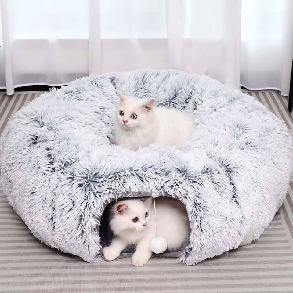 Túnel de pelúcia para gatos com cama para gatos internos, túnel multifuncional para gatos pequenos, médios e grandes, filhotes de coelho (cinza)