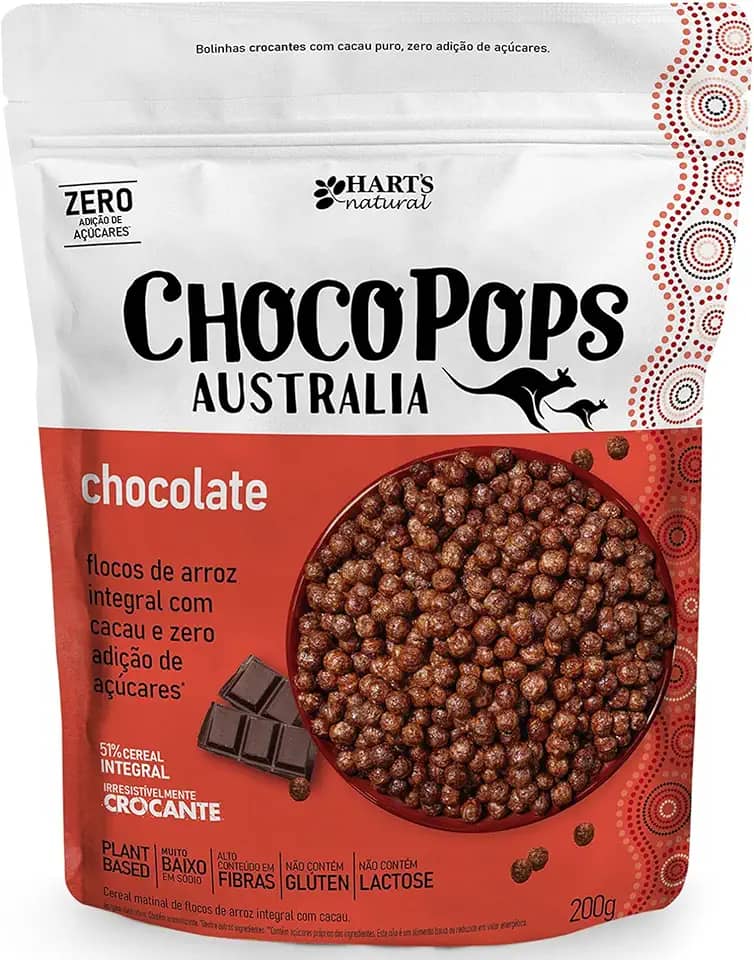 Hart's Natural ChocoPops Australia Chocolate | Cereal Matinal Sem Adição de Açucar, Sem Glúten, Sem Lactose, Vegano | 100% Natural | Alto em Fibras | 200g