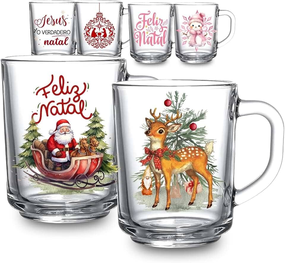 Kit 2 Canecas Especial Natal 225ml Vidro Decorativa Jesus Rosa Vintage Fim De Ano Papai Noel Presente (Vintage)