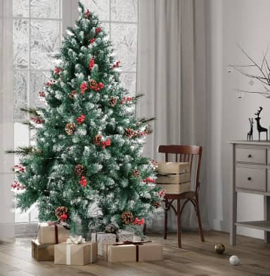 Árvore de Natal 1,90m Completa com 600 Galhos e Acessórios — Pinheiro Verde com Branco, PVC, Base de Ferro, Luzes Quentes e Coloridas, Pinha e Frutinhas Vermelhas