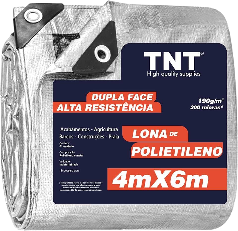 TNT Lona Plástica 4x6m Extra Forte 300 Micras Polietileno Dupla Face Prata Preto Impermeável Multiuso