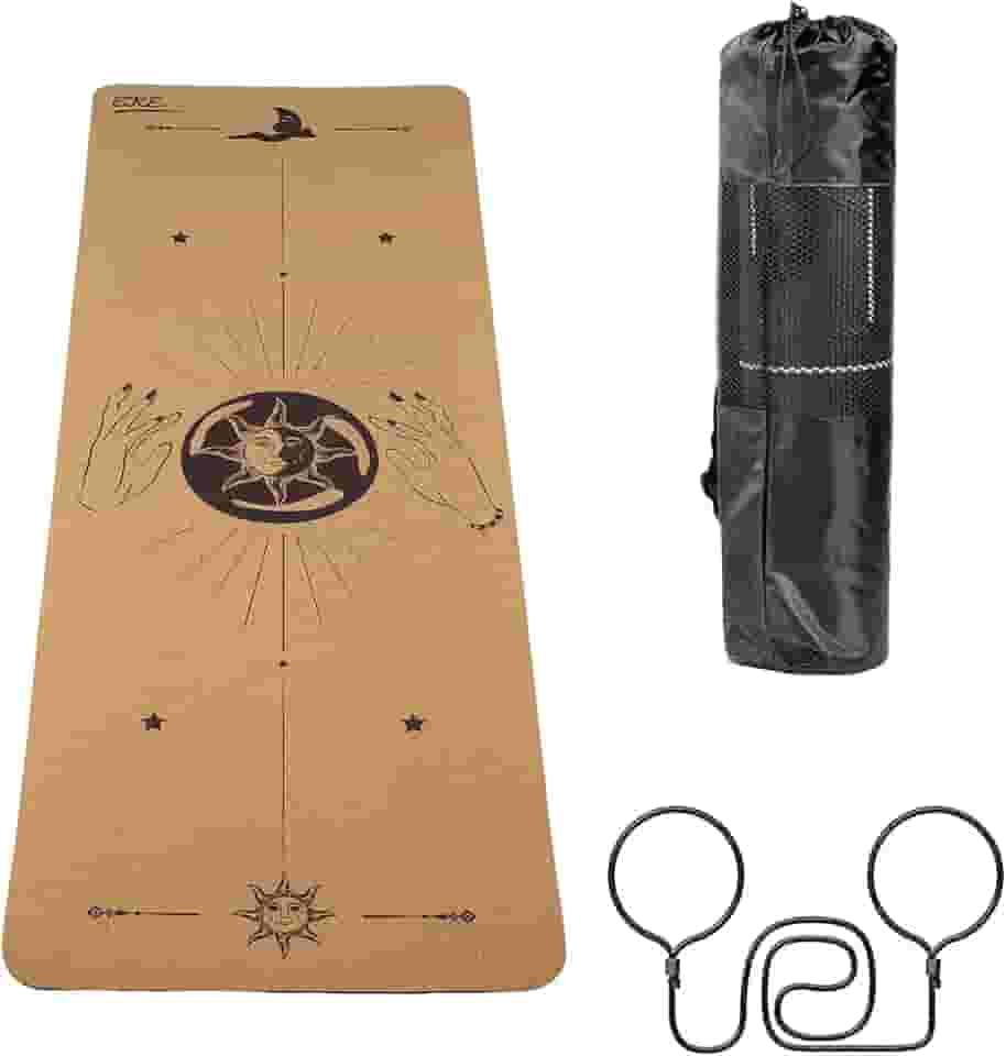 EKE Tapete de ioga de cortiça com linhas de alinhamento - superfície antiderrapante à prova de suor - materiais 100% recicláveis - Ecológico - ideal para ioga quente