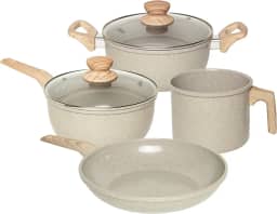 OSTER JOGO DE PANELAS E LEITEIRA MARBLE EDITION CINZA DUST – 4 PEÇAS COM REVESTIMENTO CERÂMICO ANTIADERENTE, ALÇAS EM SILICONE ANTITÉRMICO E BASE COMPATÍVEL COM INDUÇÃO