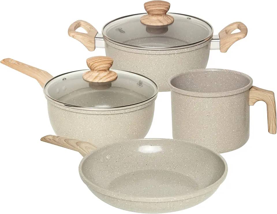 OSTER JOGO DE PANELAS E LEITEIRA MARBLE EDITION CINZA DUST – 4 PEÇAS COM REVESTIMENTO CERÂMICO ANTIADERENTE, ALÇAS EM SILICONE ANTITÉRMICO E BASE COMPATÍVEL COM INDUÇÃO