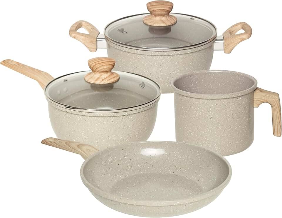 OSTER JOGO DE PANELAS E LEITEIRA MARBLE EDITION CINZA DUST – 4 PEÇAS COM REVESTIMENTO CERÂMICO ANTIADERENTE, ALÇAS EM SILICONE ANTITÉRMICO E BASE COMPATÍVEL COM INDUÇÃO