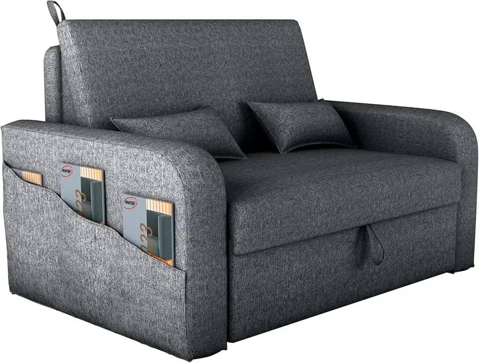 Sofá Cama Versátil Poltrona 2 Lugares Para Sala De Descanso Com Encosto Reclinável Luxo E Báu Organizador Linho Conforto Premium Design Moderno (Cinza)