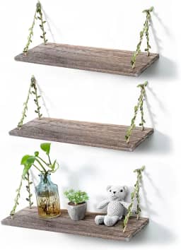MITIME Prateleiras flutuantes suspensas de corda de folha, prateleira de armazenamento de balanço de parede para decoração de casa. 17, pacote com 4 (cor retrô)