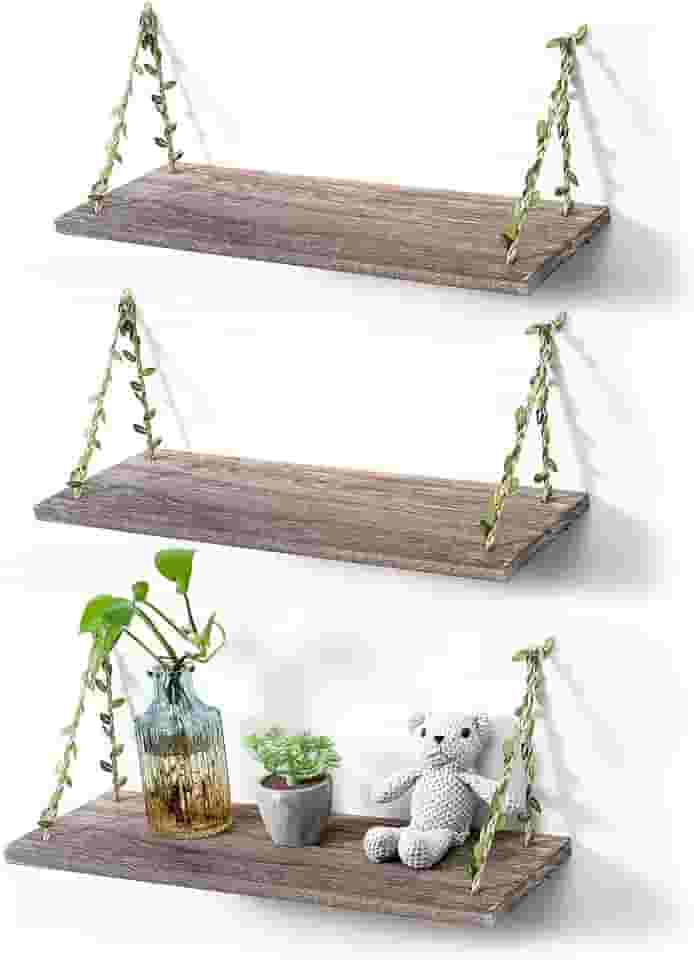 MITIME Prateleiras flutuantes suspensas de corda de folha, prateleira de armazenamento de balanço de parede para decoração de casa. 17, pacote com 4 (cor retrô)