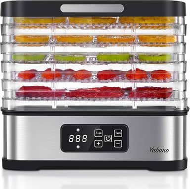 Yabano Máquina desidratadora de alimentos para uso doméstico, secador elétrico de 250 W com temporizador ajustável e controle de temperatura, 5 bandejas - Predefinições digitais para frutas, carne