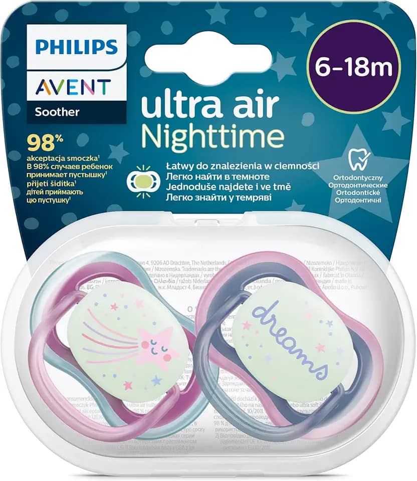 Chupeta Philips Avent Ultra Air Noturno Dupla, Design Ortodôntico, Para Bebês de 6 a 18 Meses, sem BPA, com Caixa Esterilizadora, Pacote com 2, Decorada, SCF376/14
