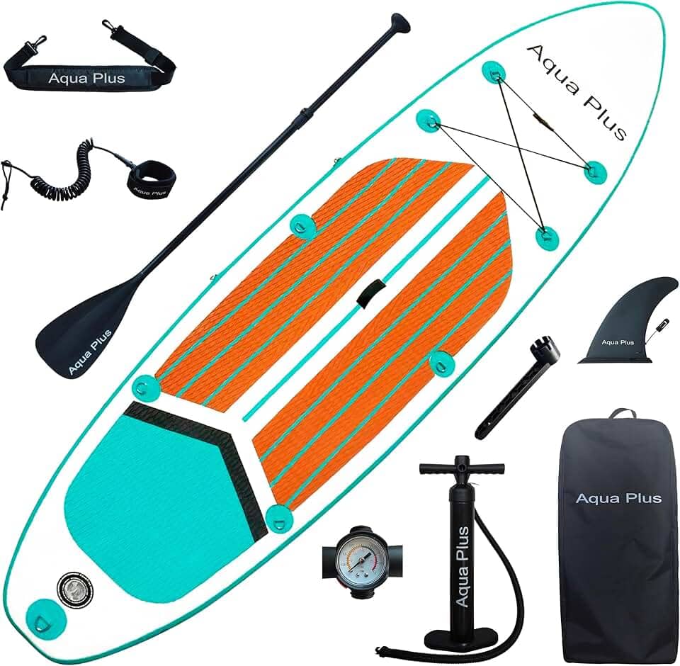 Aqua Plus SUP inflável de 15,24 cm de espessura para todos os níveis de habilidade, prancha de stand up paddle, bomba de ação dupla, mochila de viagem ISUP, correia, alça de ombro, juventude, prancha de remo inflável para adultos