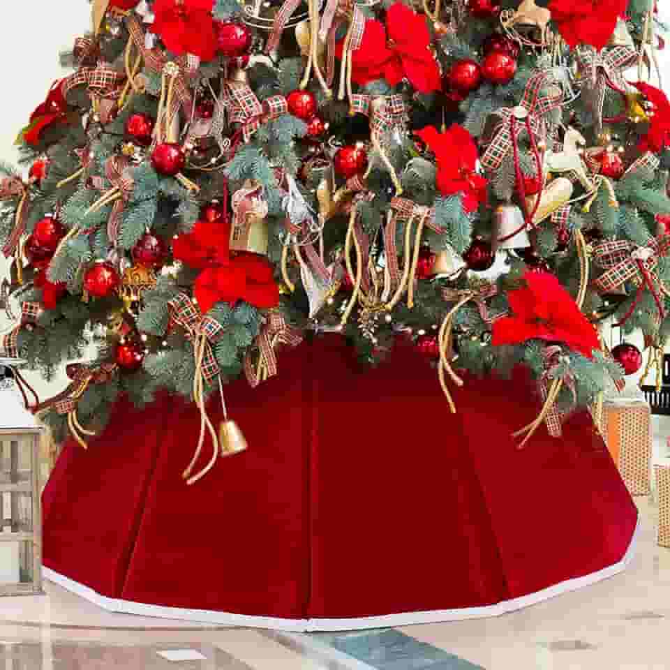 Colar de árvore de Natal veludo vermelho folável anel de árvore de Natal saia de árvore para árvores artificiais capa de suporte decoração de árvore de Natal