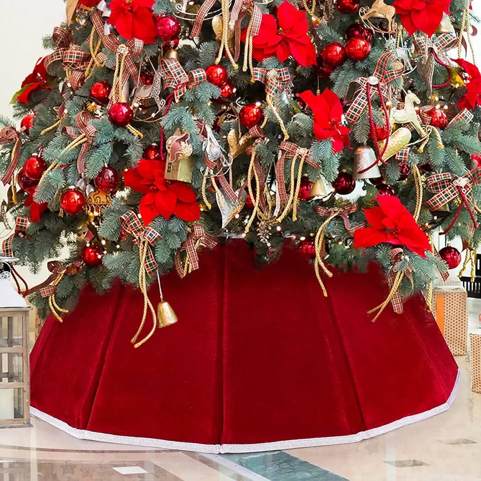 Colar de árvore de Natal veludo vermelho folável anel de árvore de Natal saia de árvore para árvores artificiais capa de suporte decoração de árvore de Natal