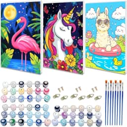 Pacote com 3 kit de pintura animal por números para crianças com moldura - pintura por números para crianças animais de 4 a 8 a 12 anos, fácil flamingos alpacas kits de pintura a óleo de acrílico para