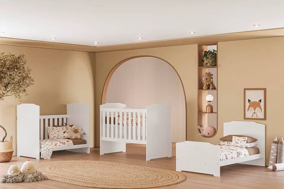 Berço Multifuncional 3 Em 1 Em MDF Vira Cama E Mini Sofá Suporte Para Mosquiteiro