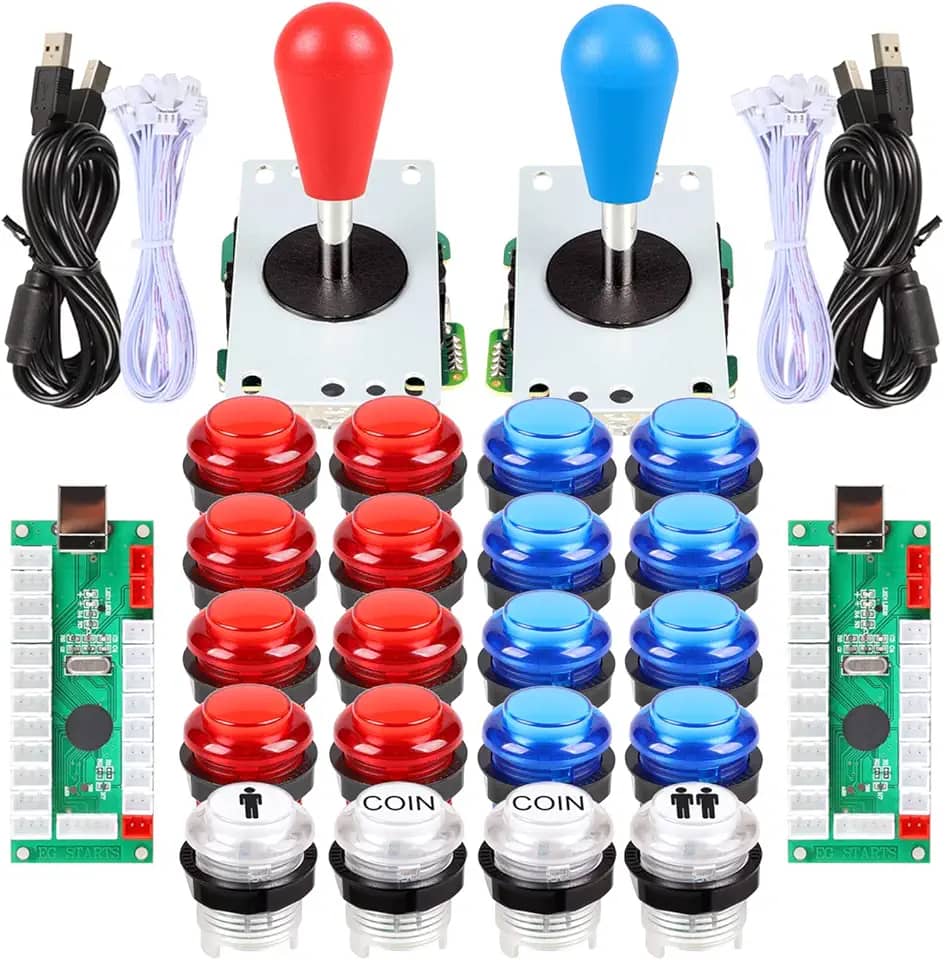 Fosiya Kit de botões LED Arcade Joystick Elipse Estilo Oval 8 Maneiras Joystick + 20 x Botões LED Arcade para 2 Jogadores Videogames Controladores Padrão Todos os Windows PC MAME Raspberry Pi (Vermelho + Azul Kits)