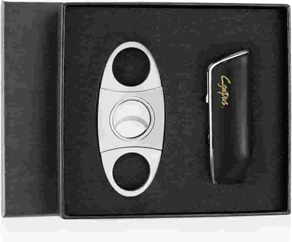 Isqueiros de charuto com cortador conjunto de isqueiro triplo de chama a jato com maçaricos de butano perfurador recarregável para homens (sem gás) (preto)