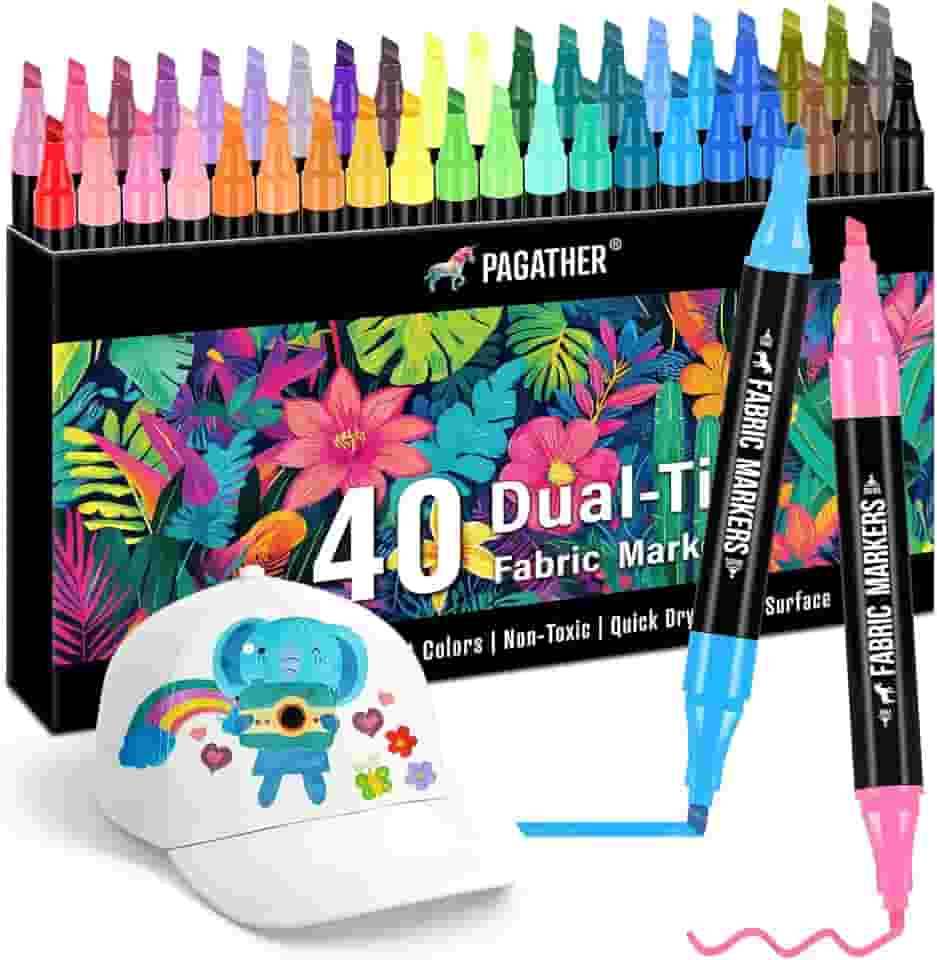 Pagather Marcadores de tecido permanentes, 40 cores com pontas finas e cinzel, para roupas, sacolas de lona, camisetas e sapatos, tinta não tóxica para crianças