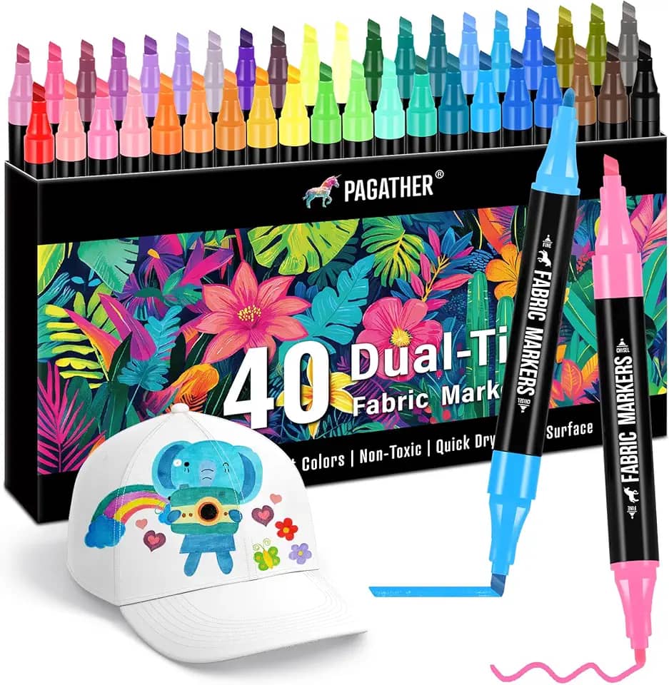 Pagather Marcadores de tecido permanentes, 40 cores com pontas finas e cinzel, para roupas, sacolas de lona, camisetas e sapatos, tinta não tóxica para crianças