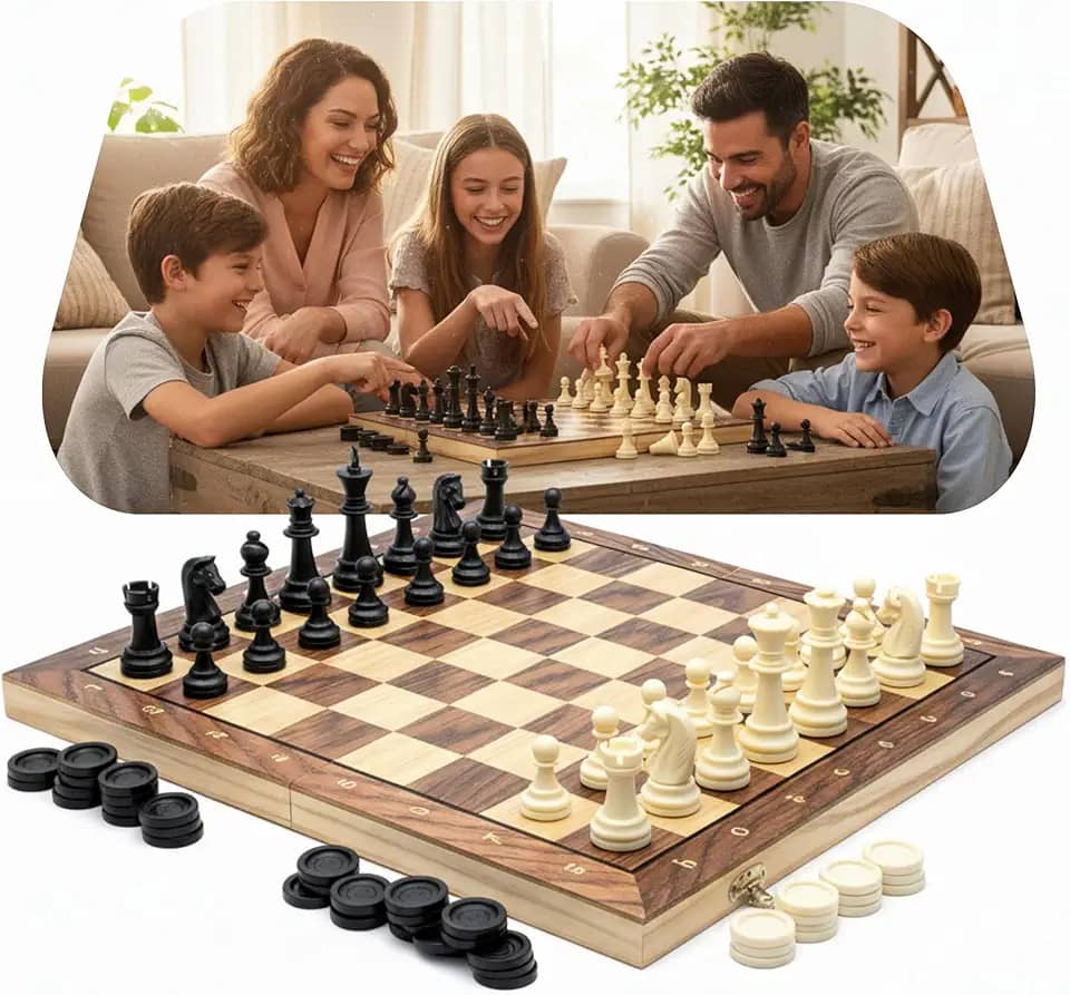 Jogo Xadrez Magnético com Damas e Gamão 3 em 1 Tabuleiro Dobrável 34x34 cm Estilo Estojo Clássico Profissional Luxo Peças Resina de Alto Impacto Recreação Estratégia Tamanho Grande