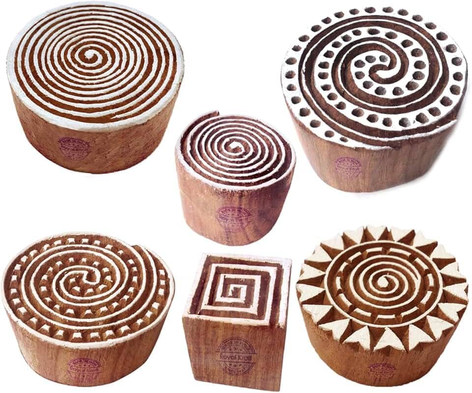 Carimbos de tecido esculpidos à mão em forma redonda de blocos de madeira (conjunto de 6)