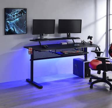 Mesa de jogos de computador com porta USB integrada e bandeja de plugue e teclado, compartimento aberto e luz de LED, mesa retangular para jogos 150 cm C x 71 cm L x 83 cm A (preta)