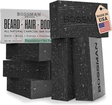 Bossman Pacote com 6 sabonetes em barra 4 em 1 para homens – Lavagem de barba totalmente orgânica natural, xampu, sabonete corporal e sabonete de barbear – Aroma de eucalipto e melaleuca