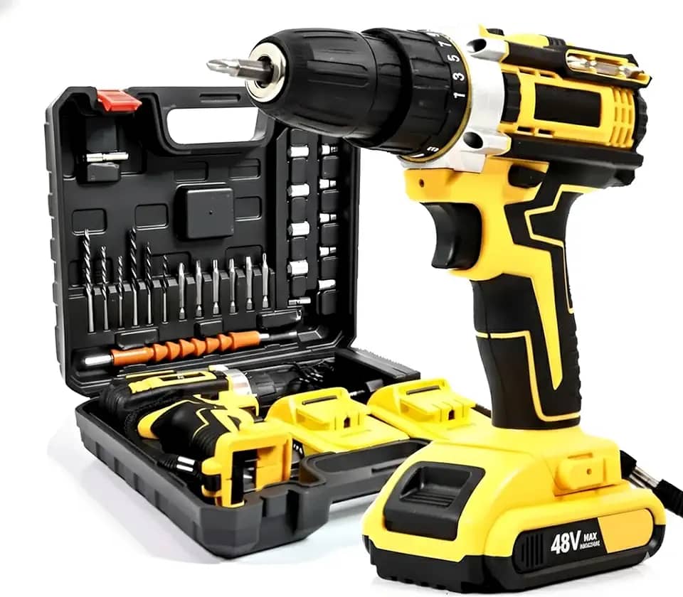 Furadeira e Parafusadeira de Impacto Sem Fio 48V Com LED, 2 Baterias Recarregáveis, Kit 32 Acessórios + Maleta Premium – Alta Potência para Uso Profissional e Doméstico