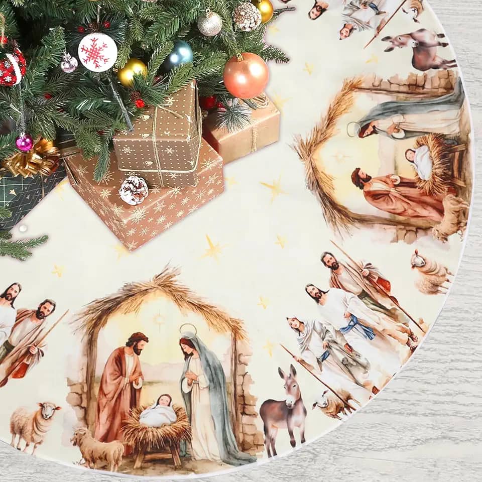 Serencatcher Saia para árvore de Natal, presépio religioso, 122 cm, tapete de saia para árvore de Natal religiosa de 122 cm para Natal, noite santa, férias de inverno, decorações de festa de ano novo