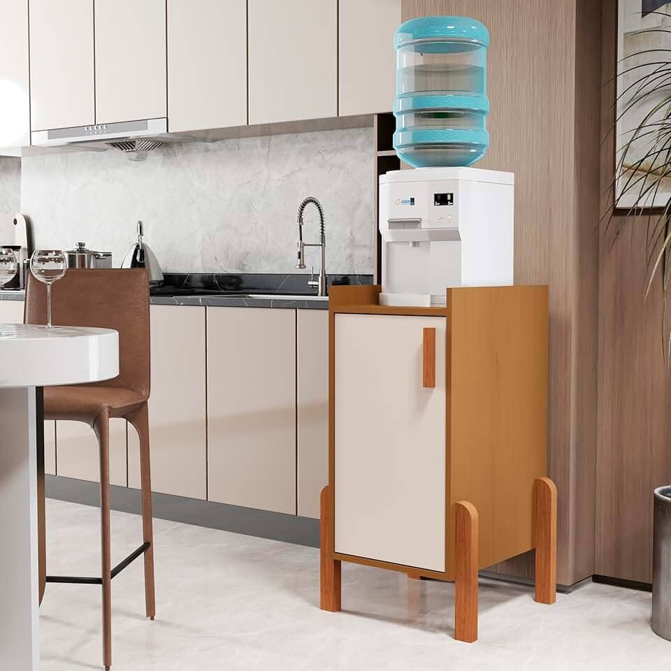 Balcão Aparador para Bebedouro, 1 Porta, Pés em Madeira, Branco e Natural (Cedro/Off White)