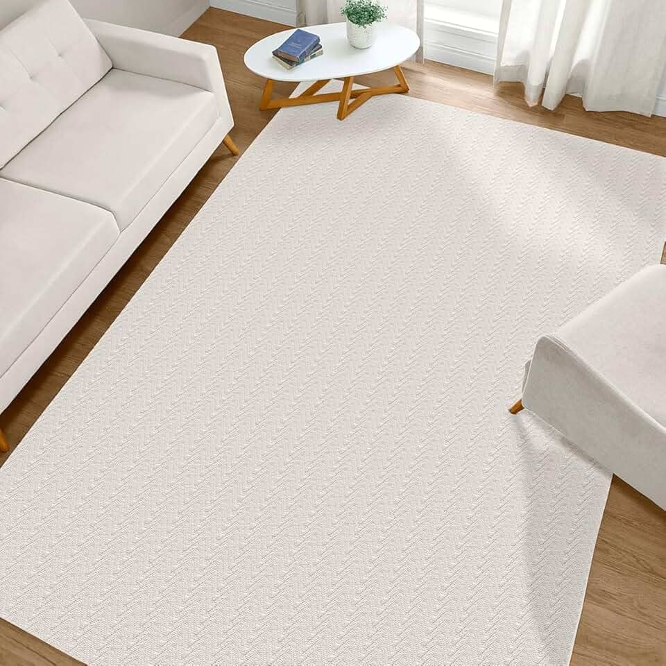 Tapete Sala 1,40m x 2,00m Antiderrapante Algodão Cru Creme de Tear Artesanal Decoração Geométrico para Quarto Casal Rústico Minimalista Neutro Off White