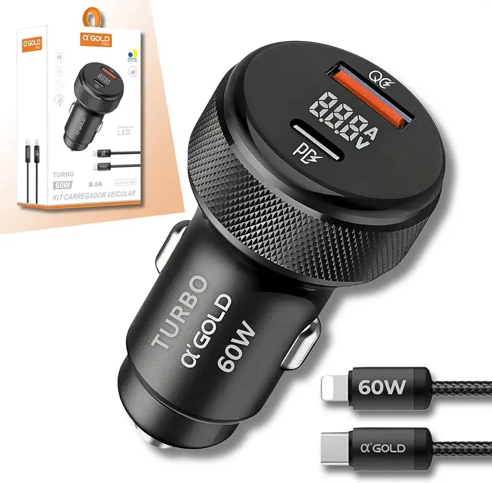 Carregador Veicular Turbo 60W MTS com Cabo IOS para Automóvel – 2 Portas USB + USB-C, Carrega 2 Dispositivos ao Mesmo Tempo, Alta Velocidade, Potente 9.1A, Compatível com iPhone e Android