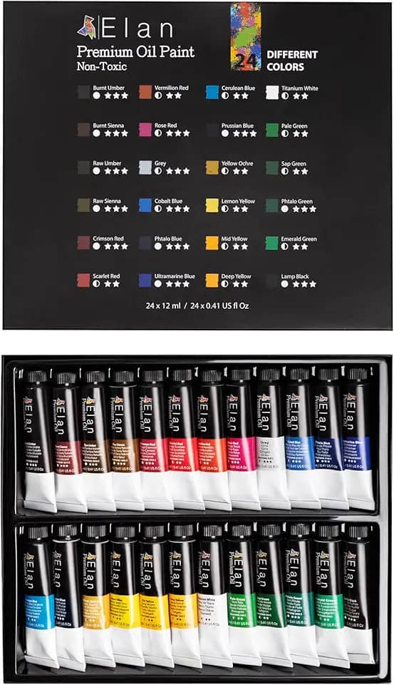 Elan Conjunto profissional de tinta a óleo, 24 mini tubos de cores vibrantes 12 ml, tintas a óleo não tóxicas para pintura em tela, tintas de arte para adultos e artistas