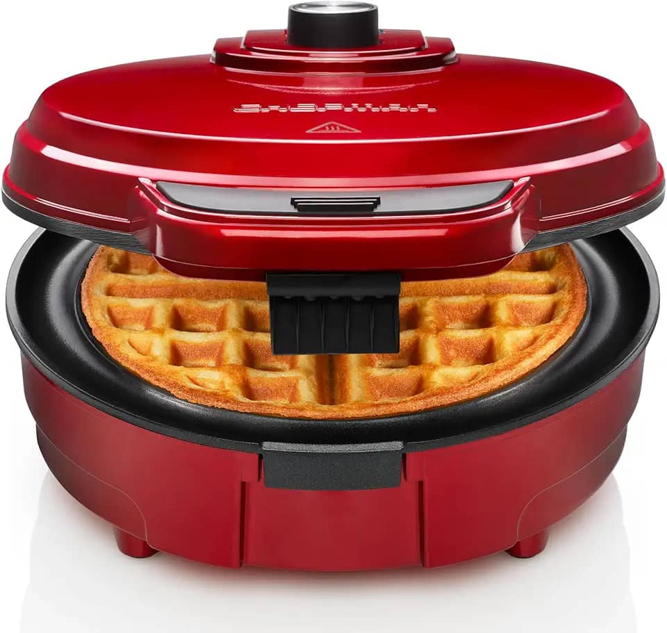 Chefman Máquina de waffles belga antitransbordamento com seletor de sombra, controle de temperatura, fosso, ferro redondo com placas antiaderentes e alça de toque frio, copo de medição incluído, vermelho