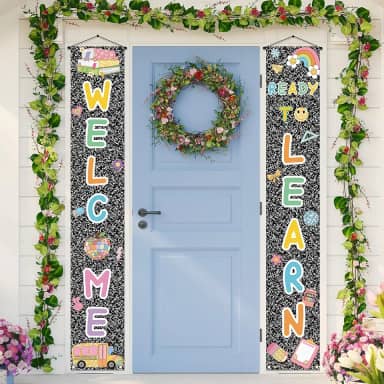 Buxiuer Faixa de varanda de volta às aulas Welcome Ready to Learn First Day of School Party Decoration Composition Notebooks Classroom Front Door Banner