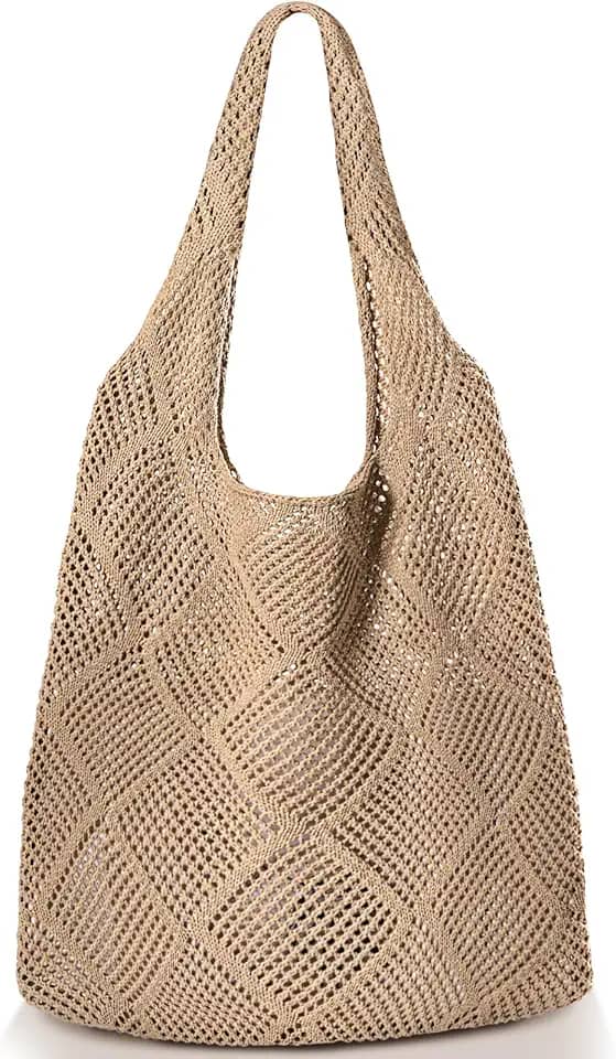 Bolsas de praia de palha para mulheres - Bolsa de ombro de tecido de verão, bolsa de praia grande para mulheres para férias, Cáqui novo, 14 x 14 x 14 inches