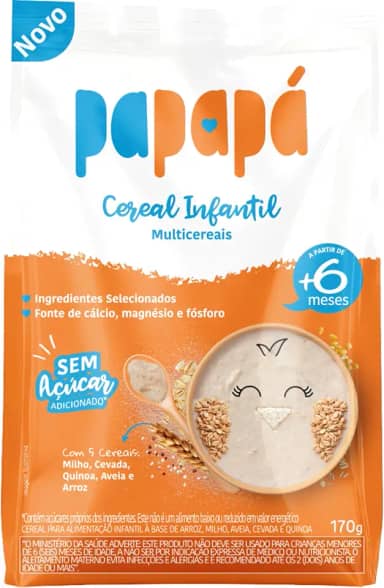 Papapá, Cereal infantil, Petit Cereal, Milho/Cevada/Quinoa/Avêia e arroz, Pouch, 170g, Laranja
