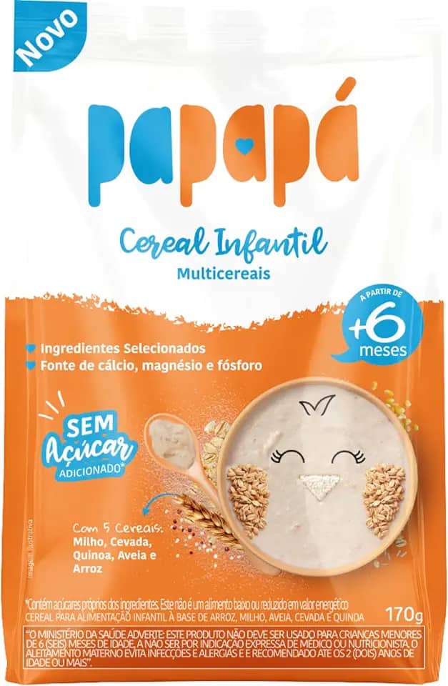 Papapá, Cereal infantil, Petit Cereal, Milho/Cevada/Quinoa/Avêia e arroz, Pouch, 170g, Laranja