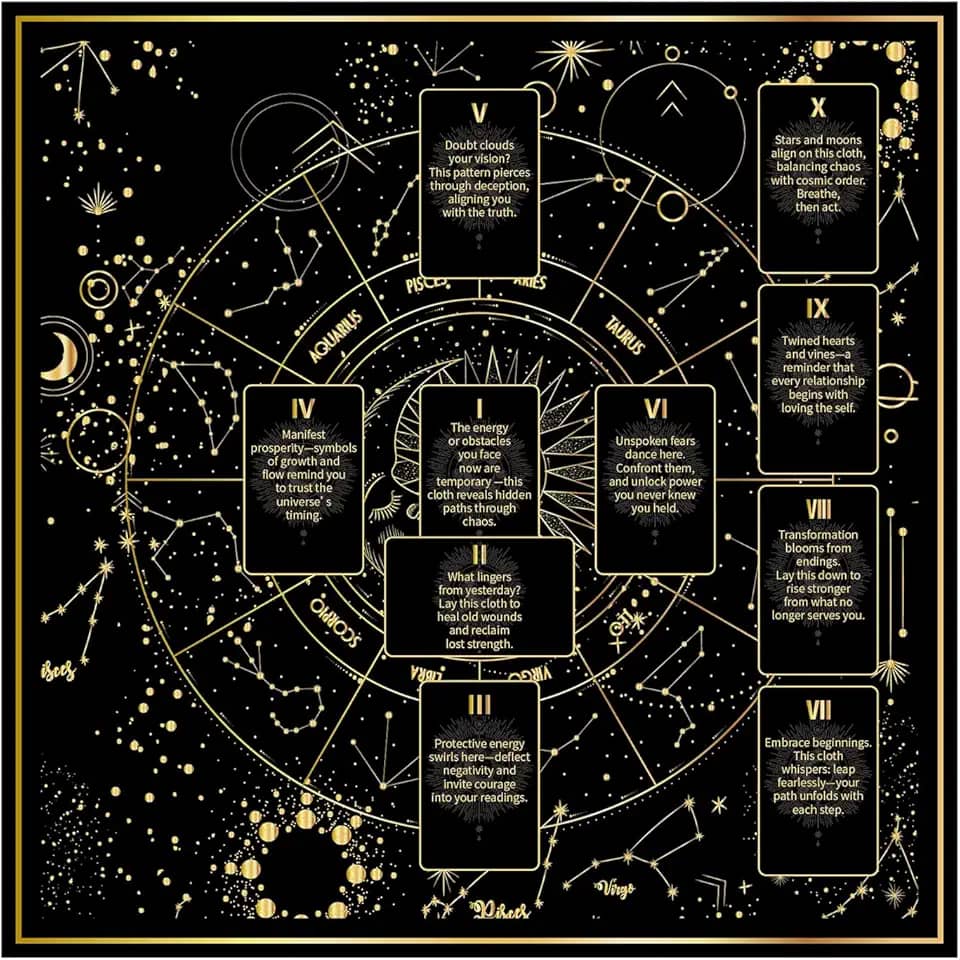 Toalha de mesa de tarô, pano de altar de 63 x 63 cm, tecido de adivinhação sagrada, estampa dupla face, tapete de tarô para leitura de cartas, bruxaria, cristais, suprimentos de rituais espirituais