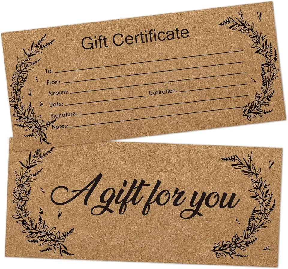 Vales de presente em branco, 25 cartões de presente Kraft para negócios, spa, salão, massagem, restaurantes, vouchers personalizados de cliente para aniversário, cartão de trabalho -08