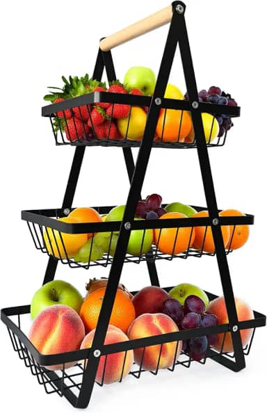 Fruteira De Mesa Organizador De Frutas, Cesta De Frutas De 3 Níveis, Cesta De Frutas Removível Para Bancada De Cozinha Com Alça De Madeira, Preta