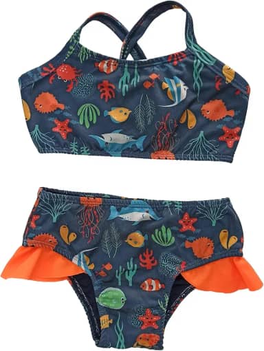 Biquíni infantil azul fundo do mar estampado 0 a 16 anos
